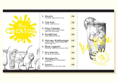 Kokteyl menü kroki tarzı. Vektör çizim
