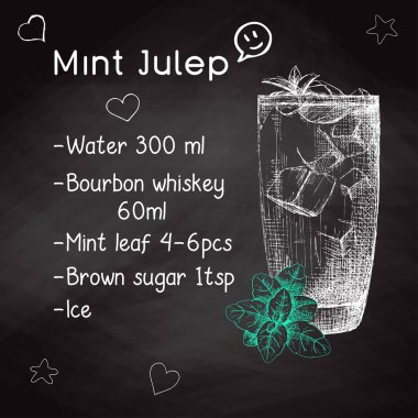 Bir alkollü kokteyl sakinleşmek için basit tarifi. Tebeşir yazı tahtası üzerinde çizim. Bir kroki stil vektör çizim.