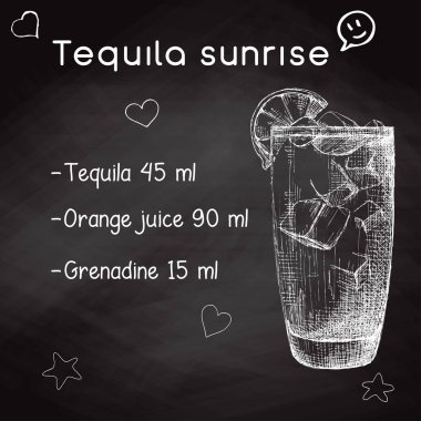 Bir alkollü kokteyl tekila Sunrise için basit tarifi. Tebeşir yazı tahtası üzerinde çizim. Bir kroki stil vektör çizim.