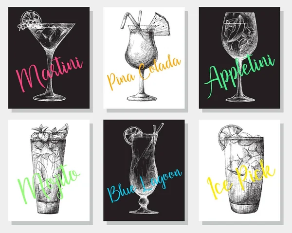 Cocktails feitos à mão em cartões individuais. Ilustração vetorial em estilo esboço — Vetor de Stock