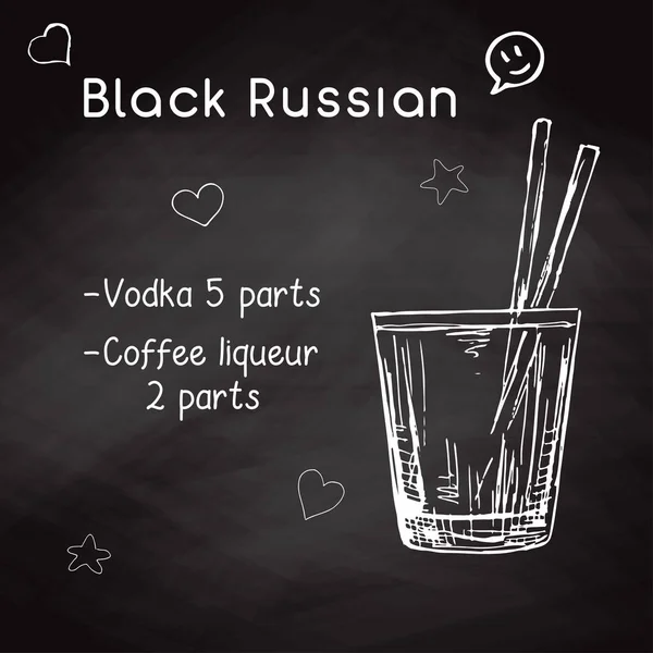 Eenvoudig recept voor een alcoholische cocktail zwarte Russische. Het opstellen van krijt op een bord. Vectorillustratie van een schets stijl. — Stockvector