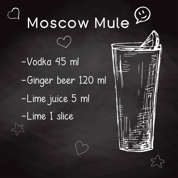 Eenvoudig recept voor een alcoholische cocktail Moscow Mule. Het opstellen van krijt op een bord. Vectorillustratie van een schets stijl. — Stockvector