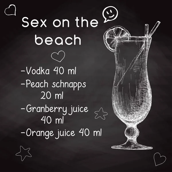 Receita simples para um coquetel alcoólico Sex On The Beach. Desenhar giz num quadro negro. Ilustração vetorial de um estilo de esboço . — Vetor de Stock