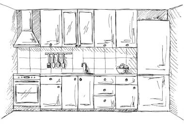 El mutfak mobilya çekilmiş. Vektör çizim kroki tarzı