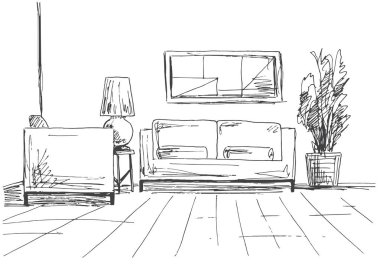 Kanepe, sandalye, Masa lambası ile ve büyük bir bitki saksı. Bir kroki tarzı çizilmiş vektör çizim el.