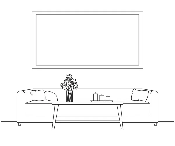 Interior moderno. Sofá, mesa em frente ao sofá. Na mesa um vaso com uma planta. Moldura na parede para encaixar suas informações. Ilustração vetorial em estilo linear . —  Vetores de Stock