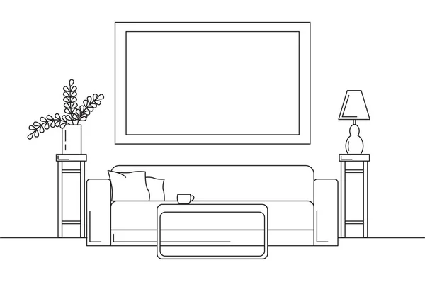 Sofá, mesa, vaso com flores. Mesa de cabeceira, candeeiro. Moldura na parede para encaixar suas informações. Esboço linear do interior em estilo moderno . — Vetor de Stock