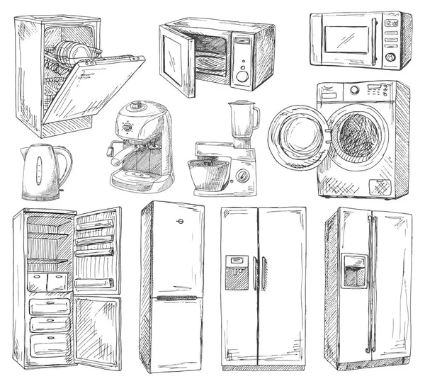 Conjunto desenhado à mão de diferentes eletrodomésticos. Ilustração vetorial de um estilo de esboço . — Vetor de Stock