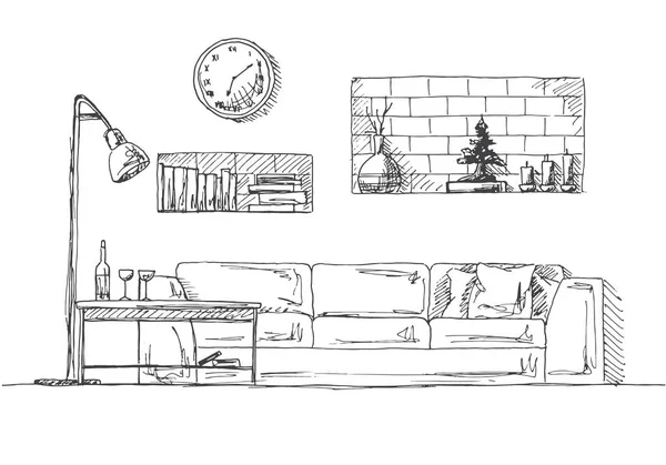 ソファ、壁、テーブル、フロアランプの棚。スケッチ スタイルの描画ベクトル イラストを手します。. — ストックベクタ