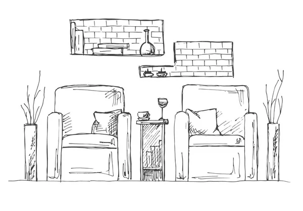 Dos sillones y una mesa alta. Florero con flores en la mesa. Interior dibujado a mano. Ilustración vectorial en estilo de boceto — Vector de stock