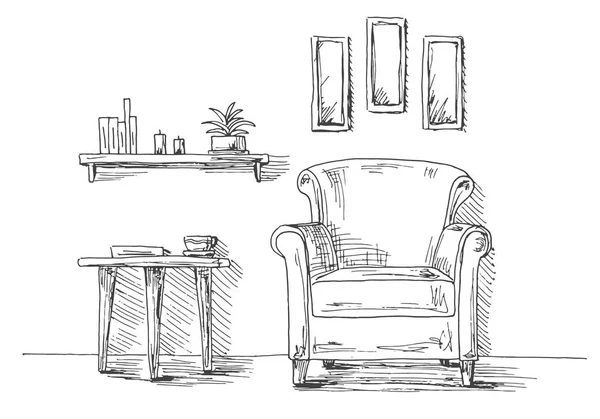 椅子、マグカップを持つテーブル。表の上 2 つの低保留ランプ。本と植物の棚。スケッチ スタイルの描画ベクトル イラストを手します。 — ストックベクタ