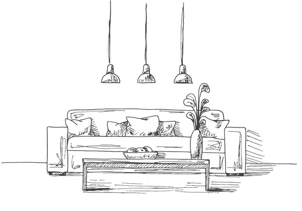 Sofá com almofadas, um vaso na mesa. Três candeeiros pendurados sobre a mesa. Ilustração vetorial desenhada à mão de um estilo de esboço — Vetor de Stock