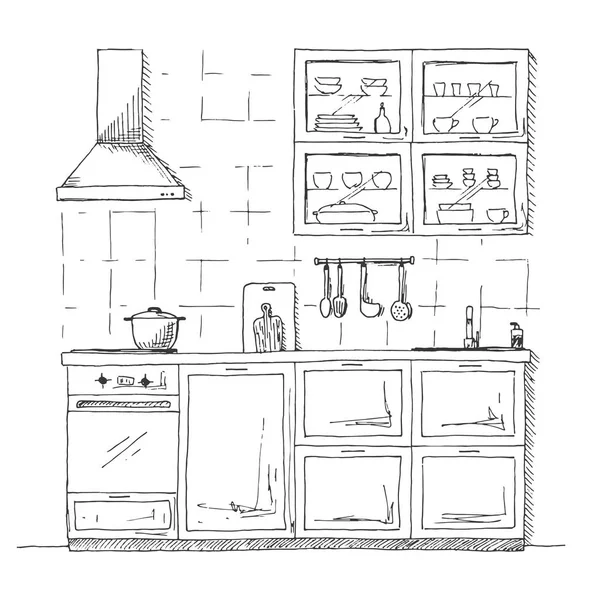Planul de schiţă a bucătăriei. Ilustrație vectorială realizată manual . — Vector de stoc