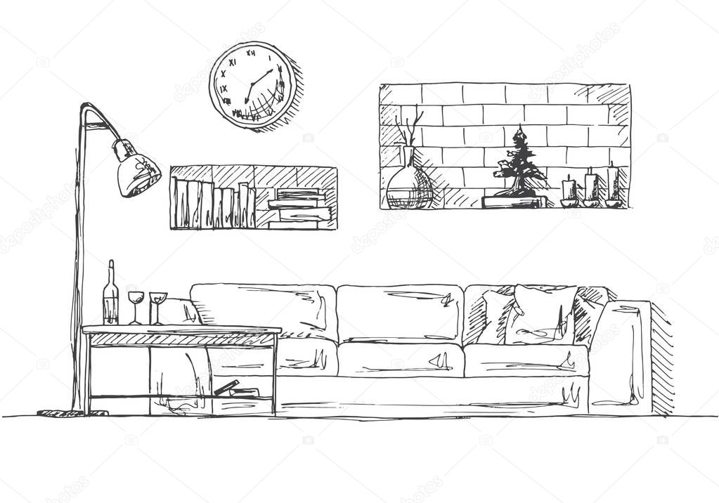 Sofa, shelves in the wall, table and floor lamp. Hand drawn vector illustration of a sketch style.