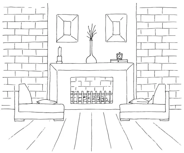 Dos sillas frente a la chimenea. En la chimenea hay un jarrón y otros artículos de decoración. Ilustración vectorial en estilo de boceto . — Vector de stock