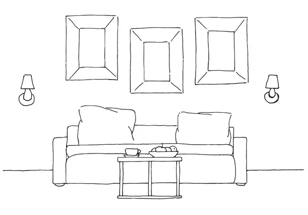 Liniowy szkicu wnętrz. Sofa, stół, lampa i obraz. Ręcznie rysowane wektor ilustracja styl szkic. — Wektor stockowy