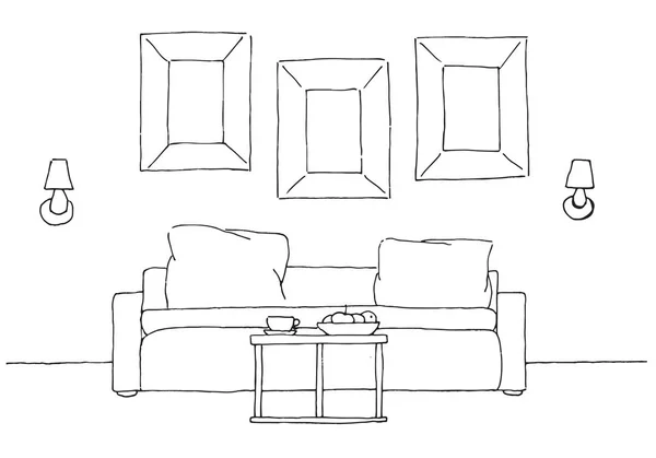 El bosquejo lineal del interior. Sofá, mesa, lámpara y foto. Ilustración vectorial dibujada a mano de un estilo de boceto . — Vector de stock