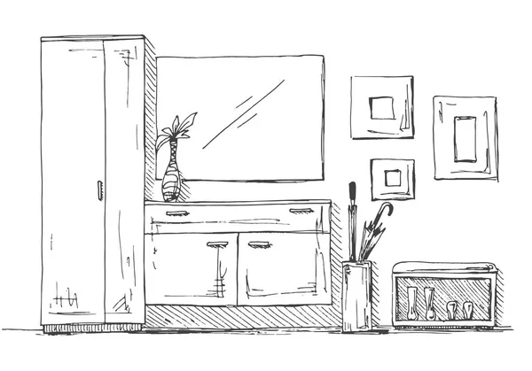 廊下の家具。チェスト、ワードローブ、ハンガー、ミラー、装飾。スケッチ スタイルのベクトル図. — ストックベクタ