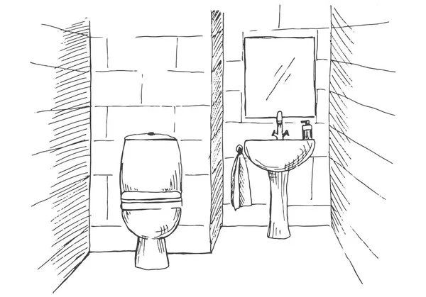 Dibujo dibujado a mano. El bosquejo lineal del interior. Parte del baño. Ilustración vectorial — Archivo Imágenes Vectoriales