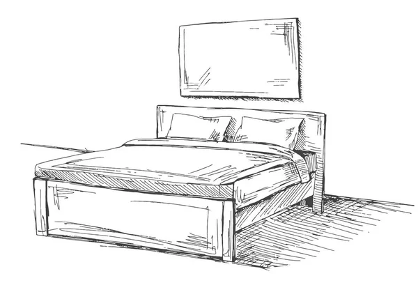 Двуспальная кровать изолирована на белом фоне. Векторная иллюстрация в стиле эскиза . — стоковый вектор
