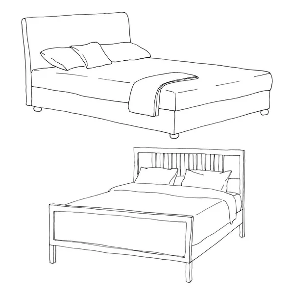 Twee tweepersoonsbed geïsoleerd op een witte achtergrond. Vectorillustratie in schets stijl. — Stockvector