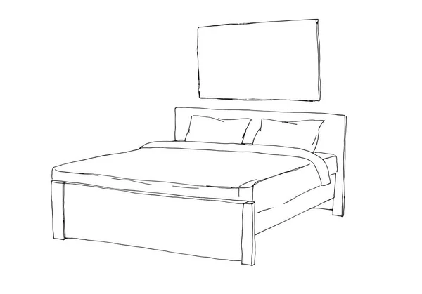 Двуспальная кровать изолирована на белом фоне. Векторная иллюстрация в стиле эскиза . — стоковый вектор