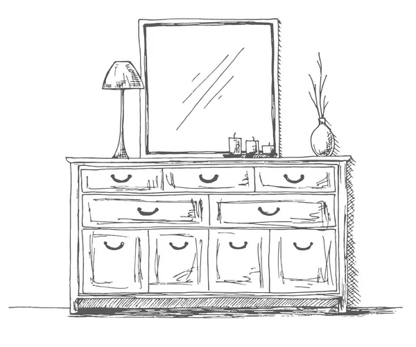 Cassettiera, lampada e decorazione. Illustrazione vettoriale di uno stile di schizzo . — Vettoriale Stock