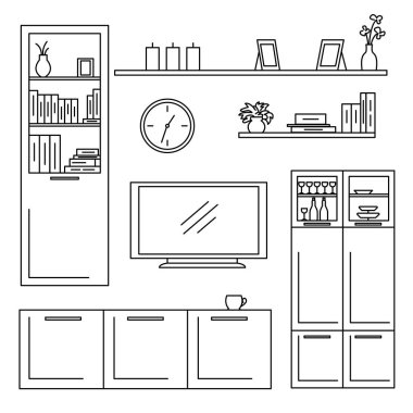 Kroki izole mobilya ayarlayın. Vektör çizim lineer tarzda.