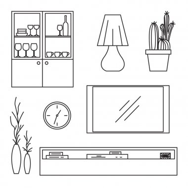 Kroki izole mobilya ayarlayın. Vektör çizim lineer tarzda.