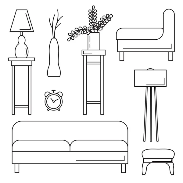 スケッチは、孤立した家具を設定します。直線的なスタイルのベクトル図. — ストックベクタ