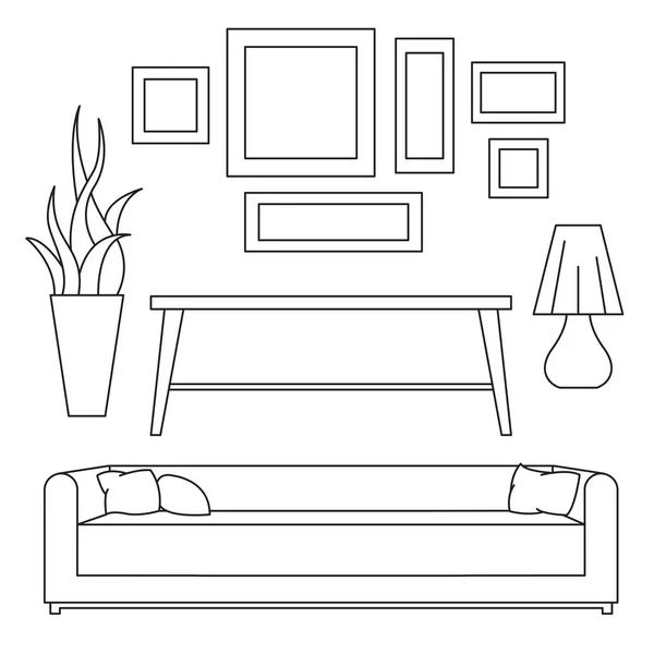 Ensemble de croquis meubles isolés. Illustration vectorielle dans un style linéaire . — Image vectorielle