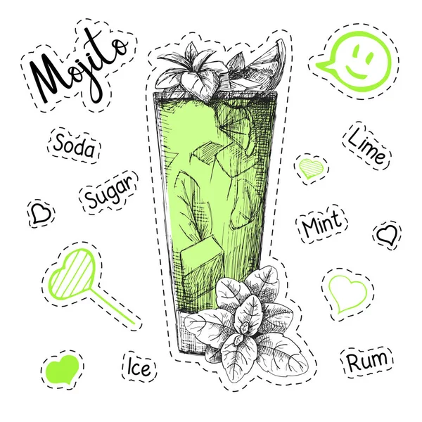 Egyszerű recept egy alkoholos koktél Mojito. Vektoros illusztráció egy vázlat stílus. — Stock Vector