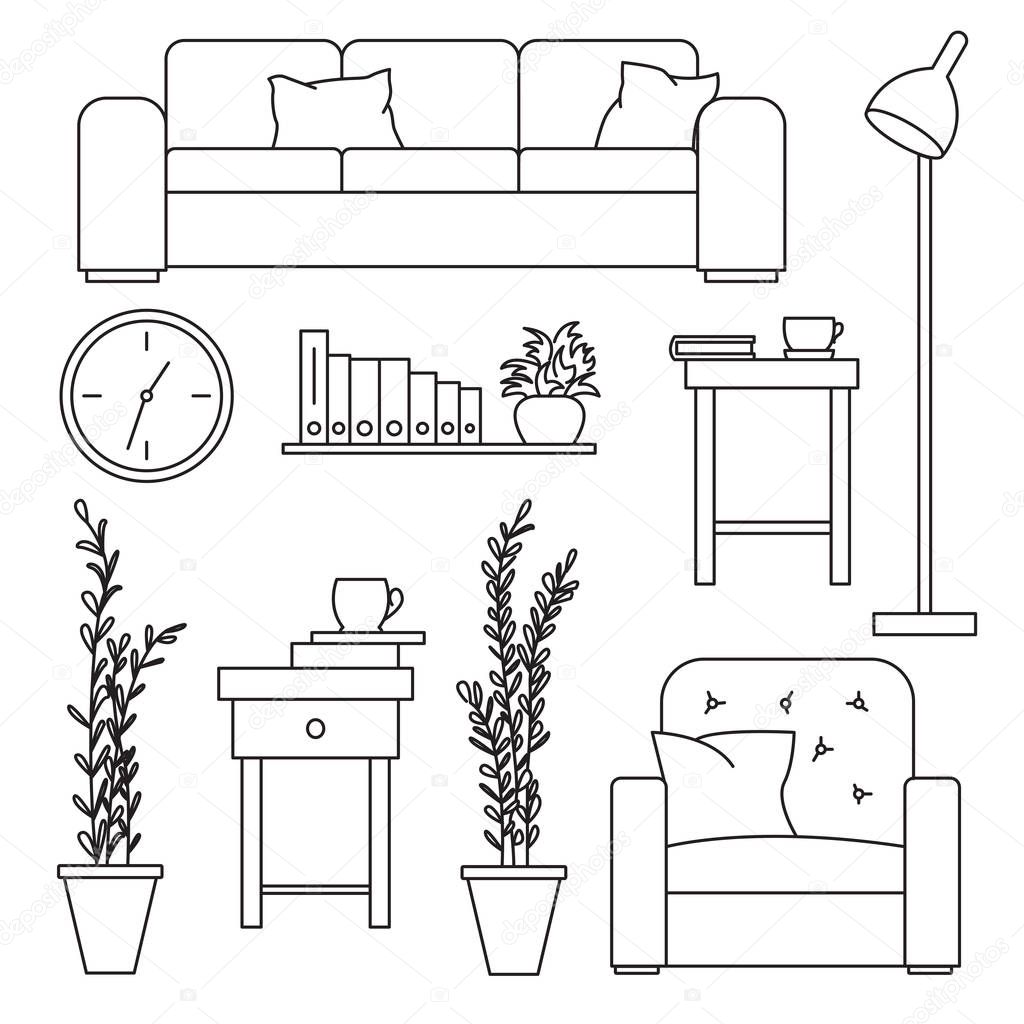 Sketch set isolated furniture. Vector illustration in a linear style.