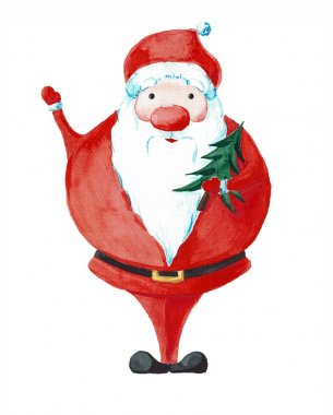 Çizgi film Noel Baba elinde bir ağaç. Suluboya izole üzerinde beyaz arka plan boyalı. Kartpostal Noel ve yeni yıl için.