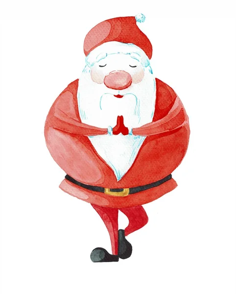 Мультфільм Санта Клаус в одному з пози йоги. Пофарбовані аквареллю ізольовані на білому тлі. Листівку на Різдво та новий рік. — стокове фото