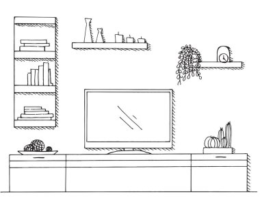 Elle çizilmiş kroki. Doğrusal kroki iç. Kitaplık, şifoniyer Tv ve raflar.