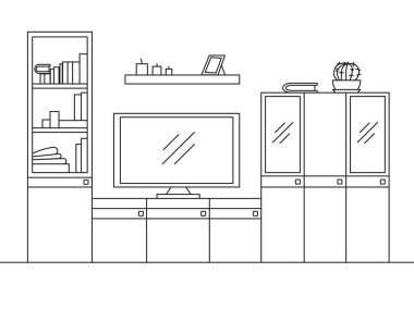 Doğrusal kroki iç. Kitaplık, şifoniyer Tv ve raflar. Modern bir tarzda iç doğrusal kroki.
