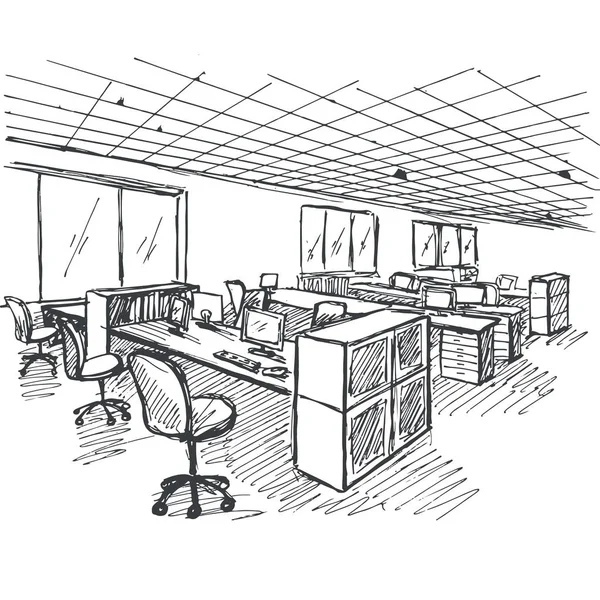 Oficina de Espacio Abierto. Lugares de trabajo al aire libre. Mesas, sillas y ventanas. Ilustración vectorial en un estilo de boceto . — Archivo Imágenes Vectoriales