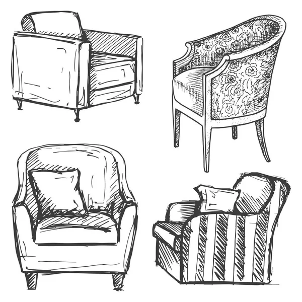 Conjunto de sillones aislados sobre fondo blanco.Ilustración vectorial en estilo sketch . — Vector de stock