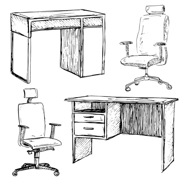 Conjunto Esboços Móveis Isolados Cadeiras Mesas Escritório Diferentes Mobília Preta —  Vetores de Stock