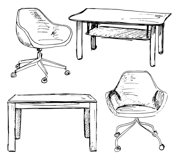 Conjunto de bocetos muebles aislados. Sillas y mesa diferentes. Linea — Archivo Imágenes Vectoriales