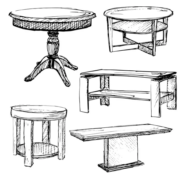 Conjunto de bocetos muebles aislados. Mesas diferentes. Negro lineal t — Archivo Imágenes Vectoriales