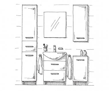 Elle çizilmiş kroki. Bir iç doğrusal taslağını. Banyo parçası. Vektör çizim.