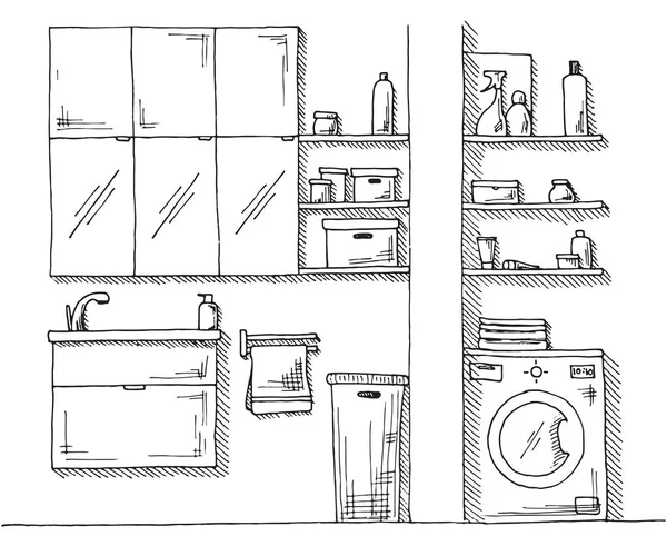 Esboço desenhado à mão. Esboço linear de um interior. Parte da casa de banho. Ilustração vetorial . —  Vetores de Stock