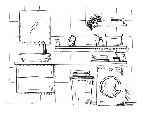 Schizzo disegnato a mano. Schizzo lineare di un interno. Parte del bagno. Illustrazione vettoriale . — Vettoriale Stock