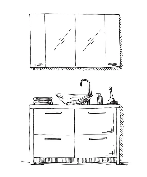 Sketsa gambar tangan. Sketsa Linear interior. Bagian dari kamar mandi. Ilustrasi vektor . - Stok Vektor