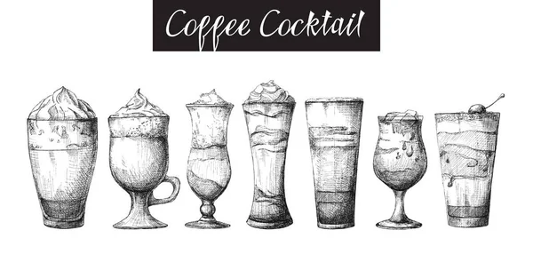 Набор различных стаканов, различные кофейные коктейли. Векторная иллюстрация стиля эскиза . — стоковый вектор