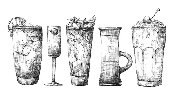 Conjunto de vasos diferentes, cócteles diferentes. Ilustración vectorial de un estilo de boceto . — Archivo Imágenes Vectoriales