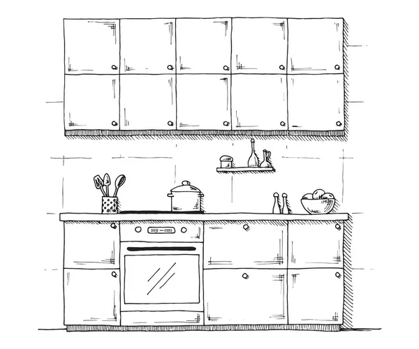 Schets van keukenmeubelen op een witte achtergrond. Vectorillustratie van de keuken in de stijl van een schets. — Stockvector