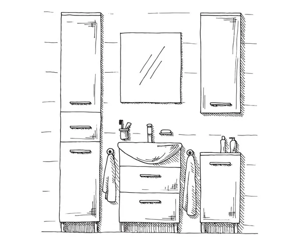 Hand ritad skiss. Linjär skiss av en interiör. En del av badrummet. Vektorillustration. — Stock vektor